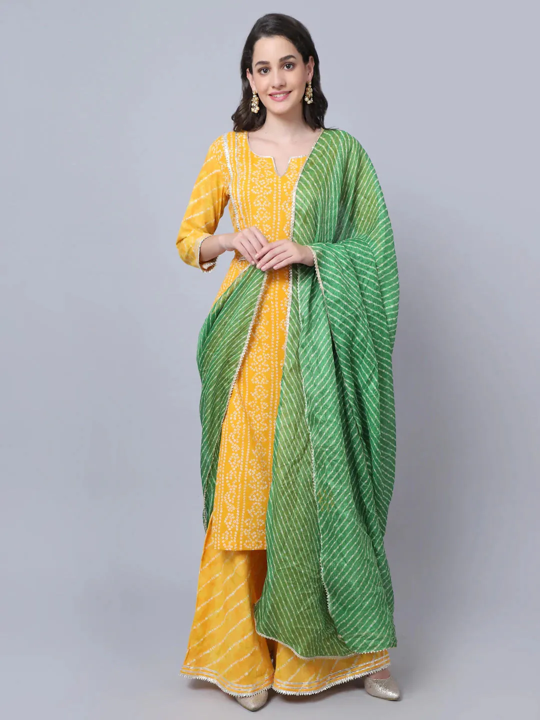 Cotton Yellow Bandhani Print Gota Detailing Kurta Suit Set with Green Kota Dupatta