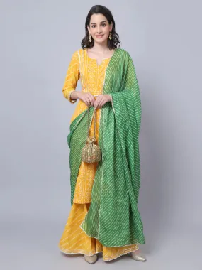 Cotton Yellow Bandhani Print Gota Detailing Kurta Suit Set with Green Kota Dupatta