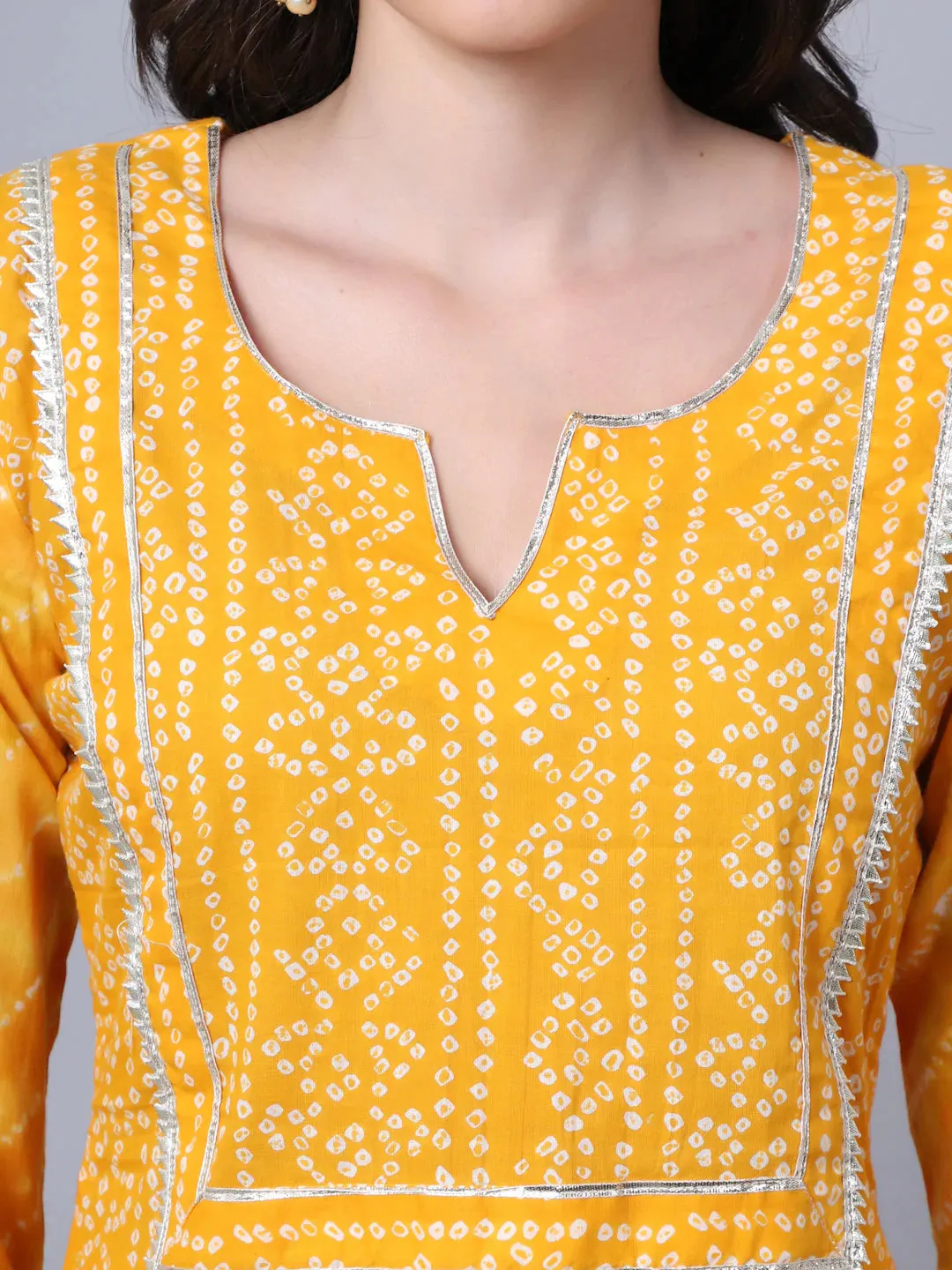 Cotton Yellow Bandhani Print Gota Detailing Kurta Suit Set with Green Kota Dupatta