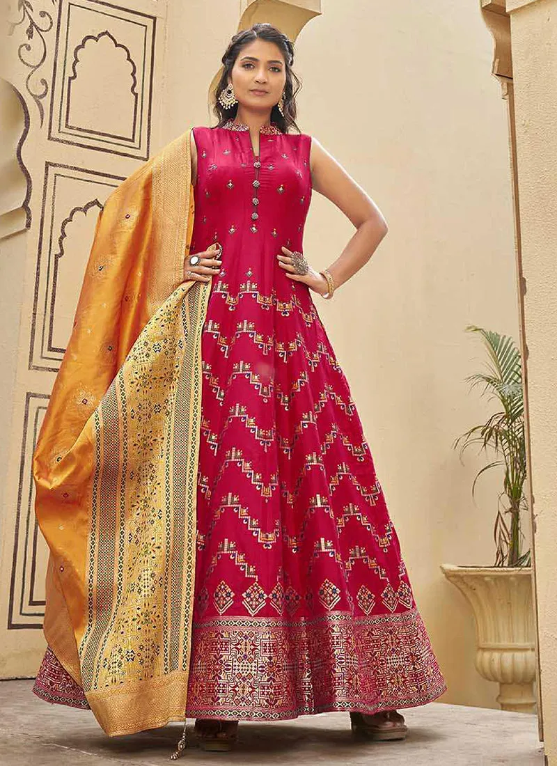 Crimson Mirror Work Embroidery Silk Anarkali Suit