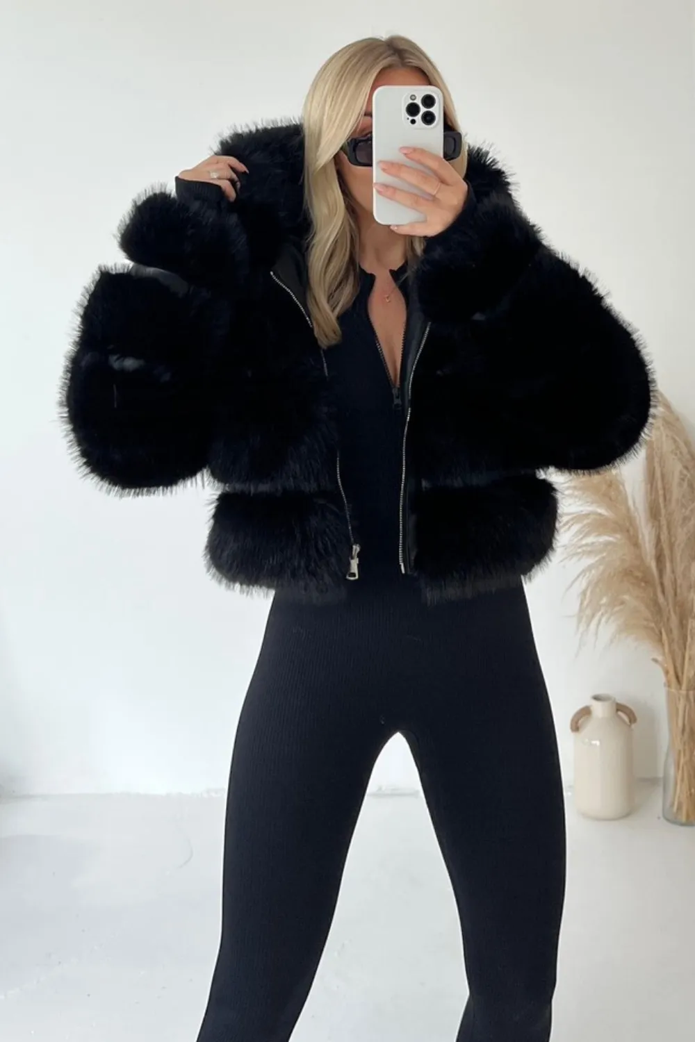 Danni black hooded faux fur coat