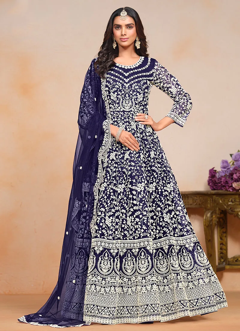 Dark Blue Designer Embroidery Festive Anarkali Suit