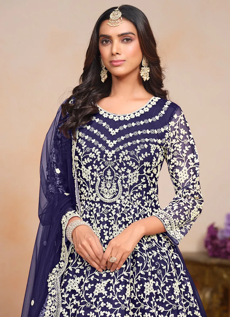 Dark Blue Designer Embroidery Festive Anarkali Suit