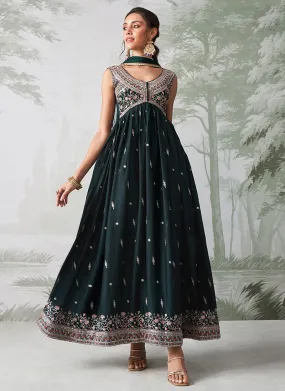 Dark Green Multi Embroidery Traditional Anarkali Suit