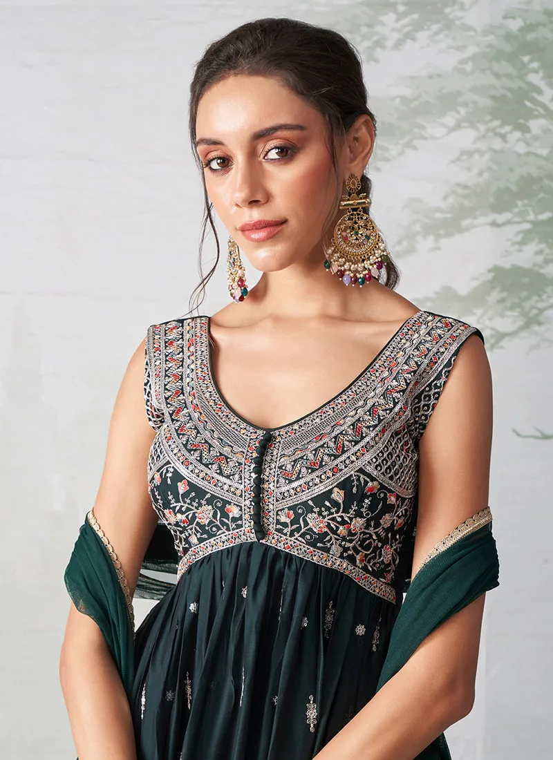 Dark Green Multi Embroidery Traditional Anarkali Suit