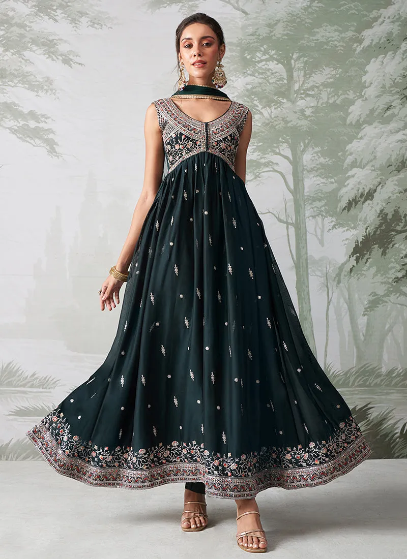 Dark Green Multi Embroidery Traditional Anarkali Suit