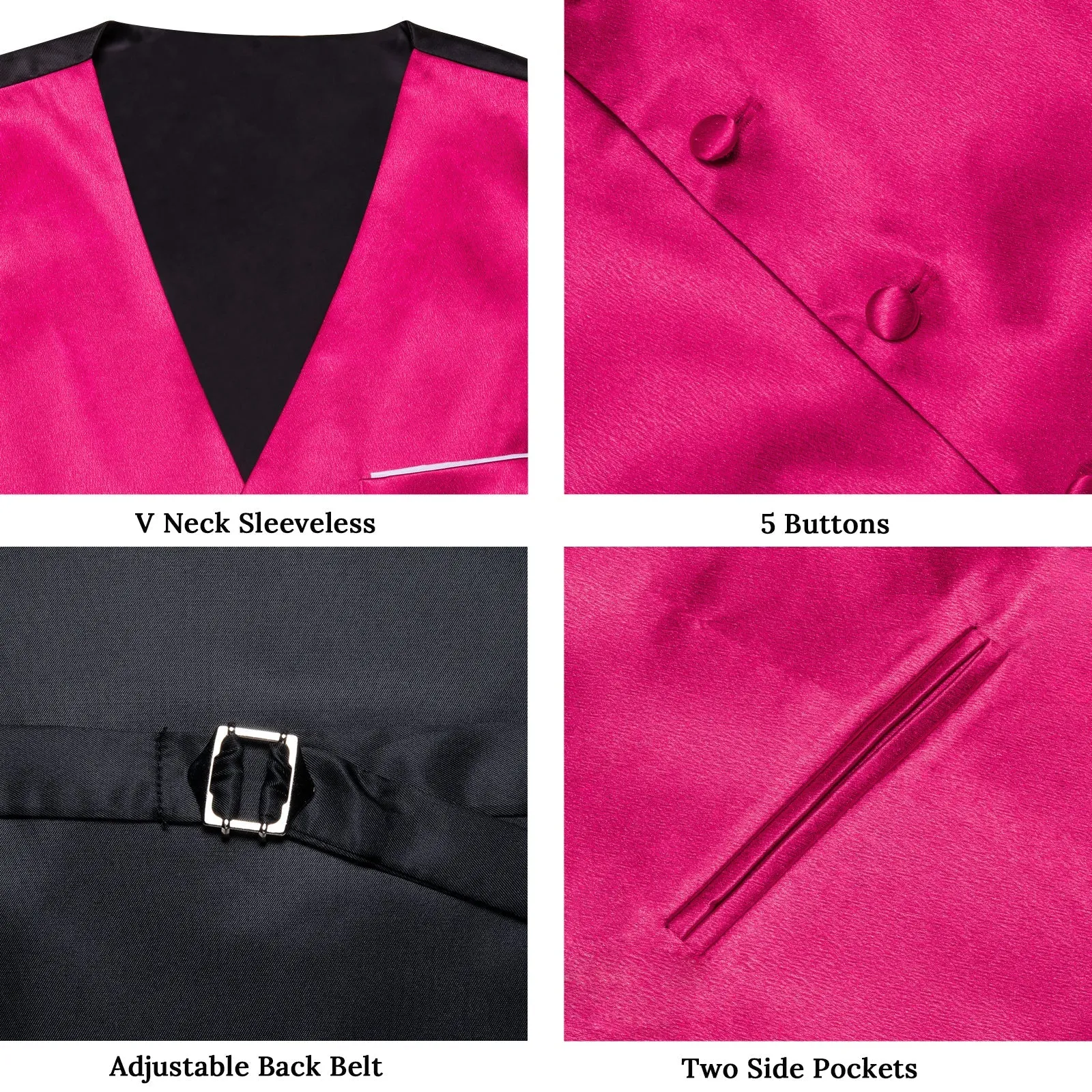 Dark Pink Solid Shining Silk Formal Men's Vest Hanky Cufflinks Tie Set