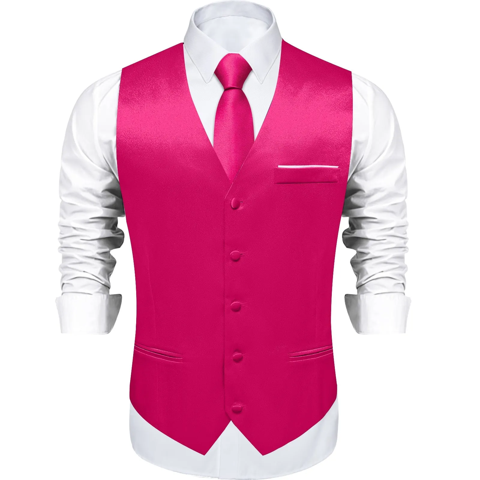 Dark Pink Solid Shining Silk Formal Men's Vest Hanky Cufflinks Tie Set