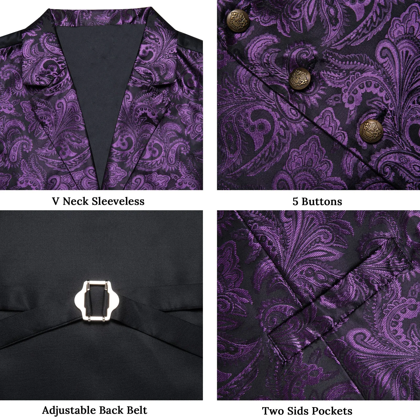 Dark Purple Paisley Men's Collar Vest Tie Hanky Cufflinks Set Waistcoat Suit Set