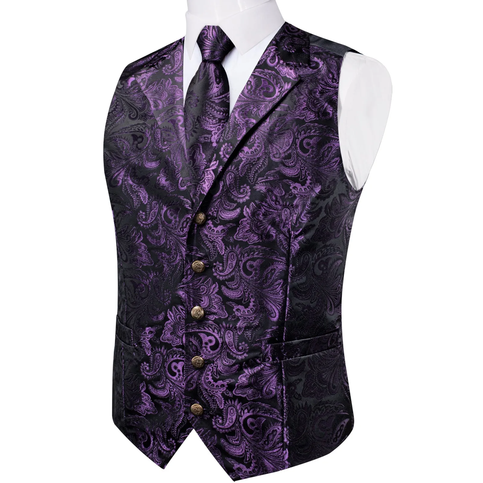 Dark Purple Paisley Men's Collar Vest Tie Hanky Cufflinks Set Waistcoat Suit Set