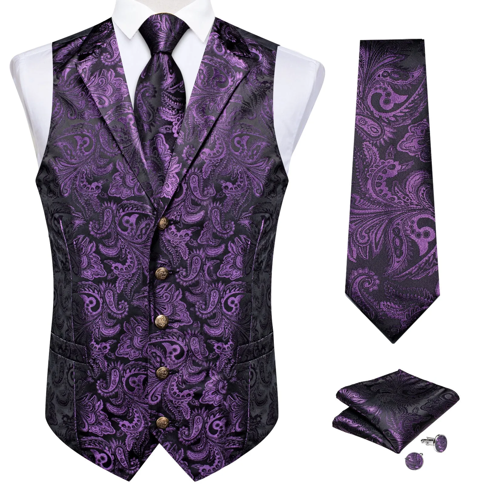 Dark Purple Paisley Men's Collar Vest Tie Hanky Cufflinks Set Waistcoat Suit Set