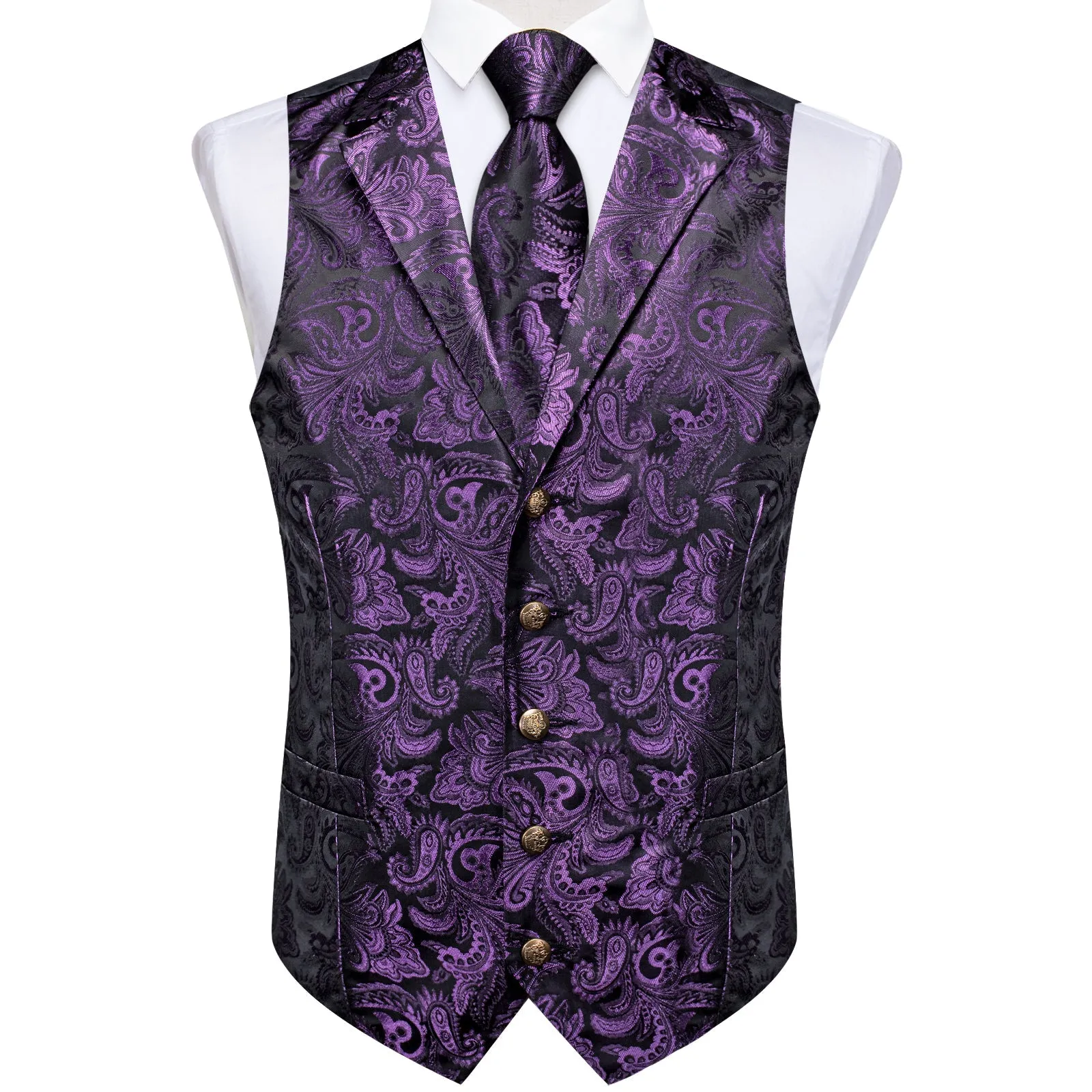 Dark Purple Paisley Men's Collar Vest Tie Hanky Cufflinks Set Waistcoat Suit Set