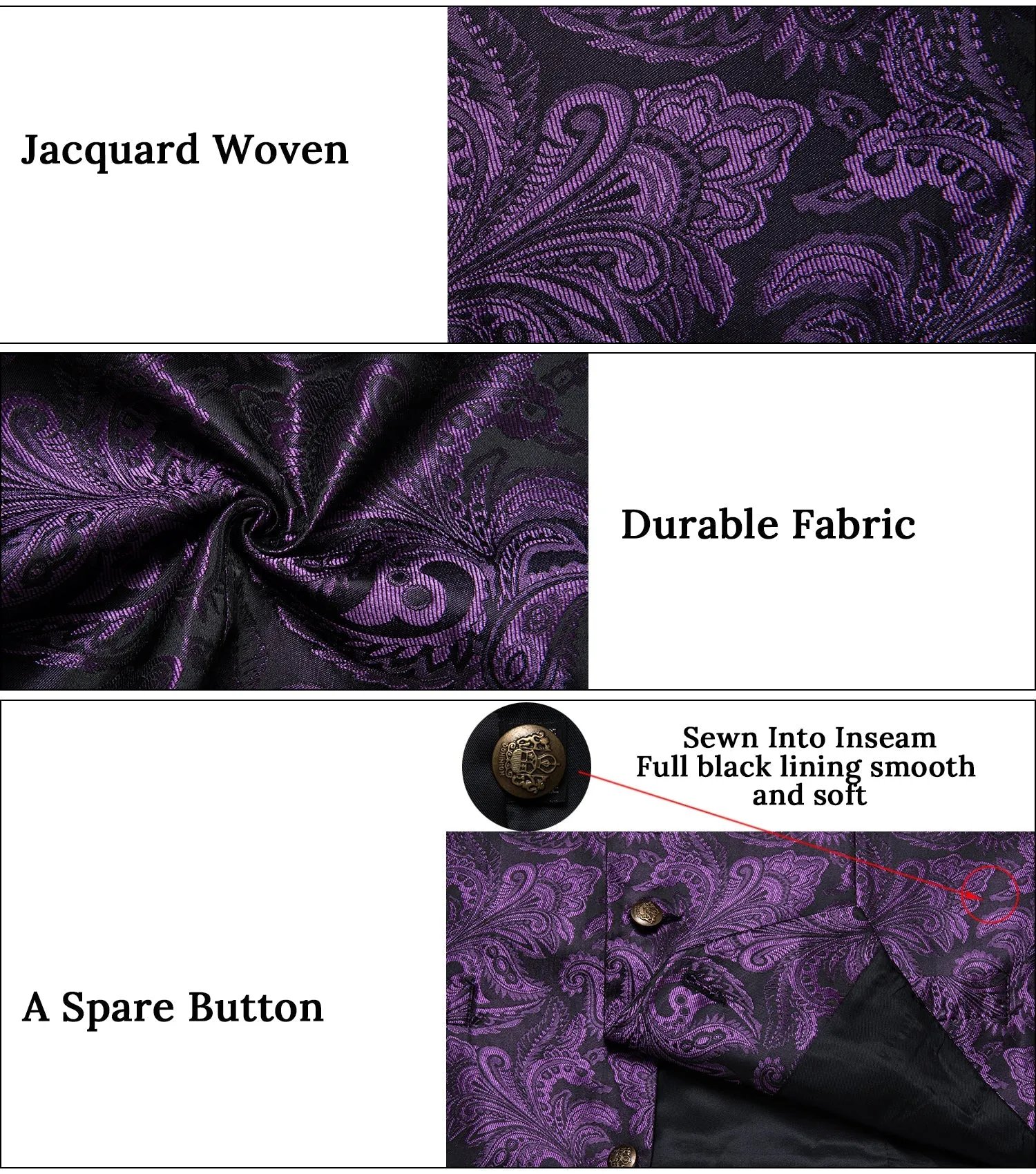 Dark Purple Paisley Men's Collar Vest Tie Hanky Cufflinks Set Waistcoat Suit Set