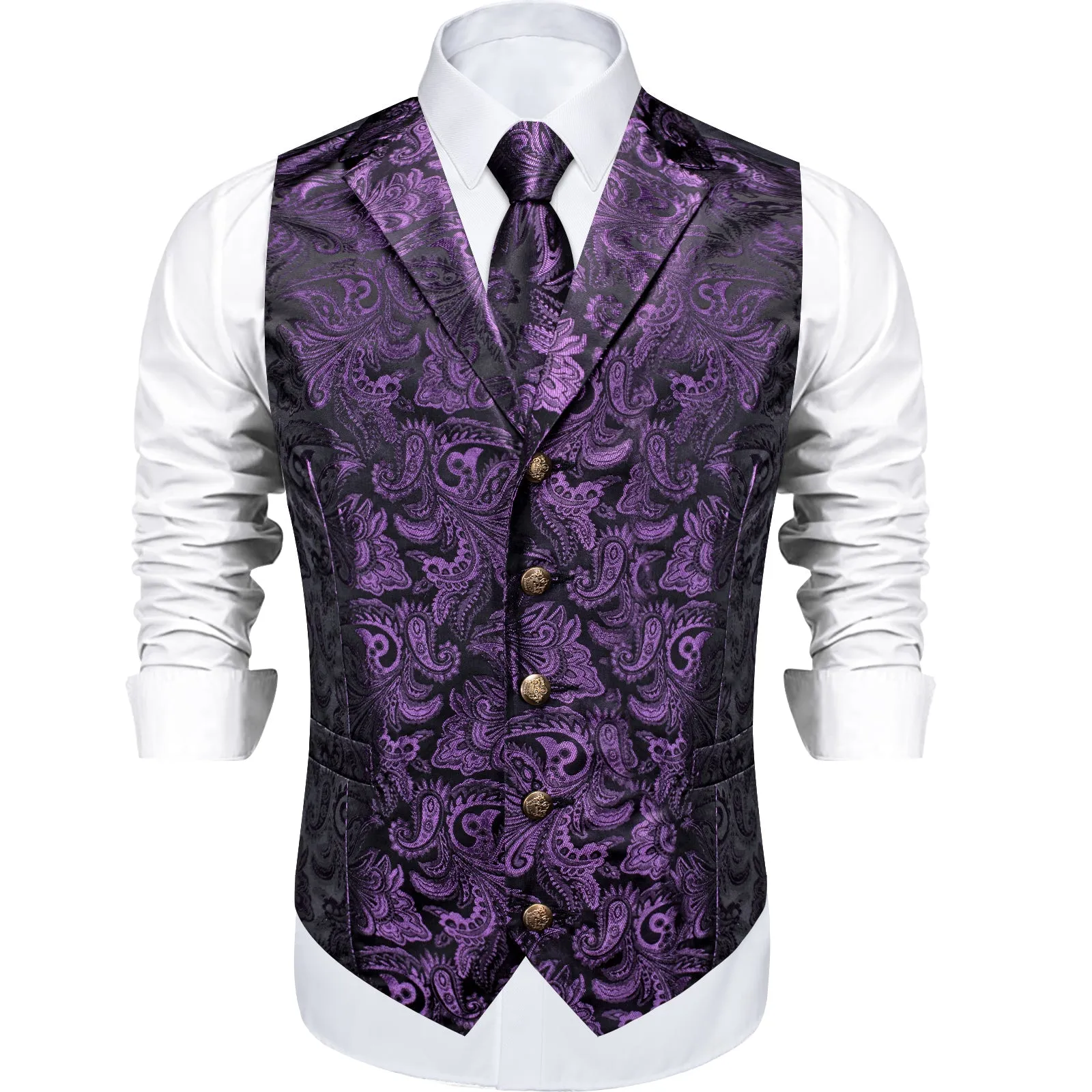 Dark Purple Paisley Men's Collar Vest Tie Hanky Cufflinks Set Waistcoat Suit Set