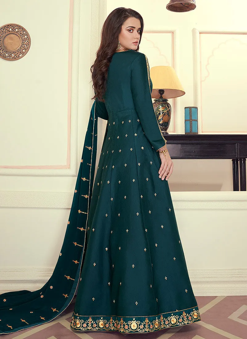 Deep Green Designer Silk Anarkali Suit Set