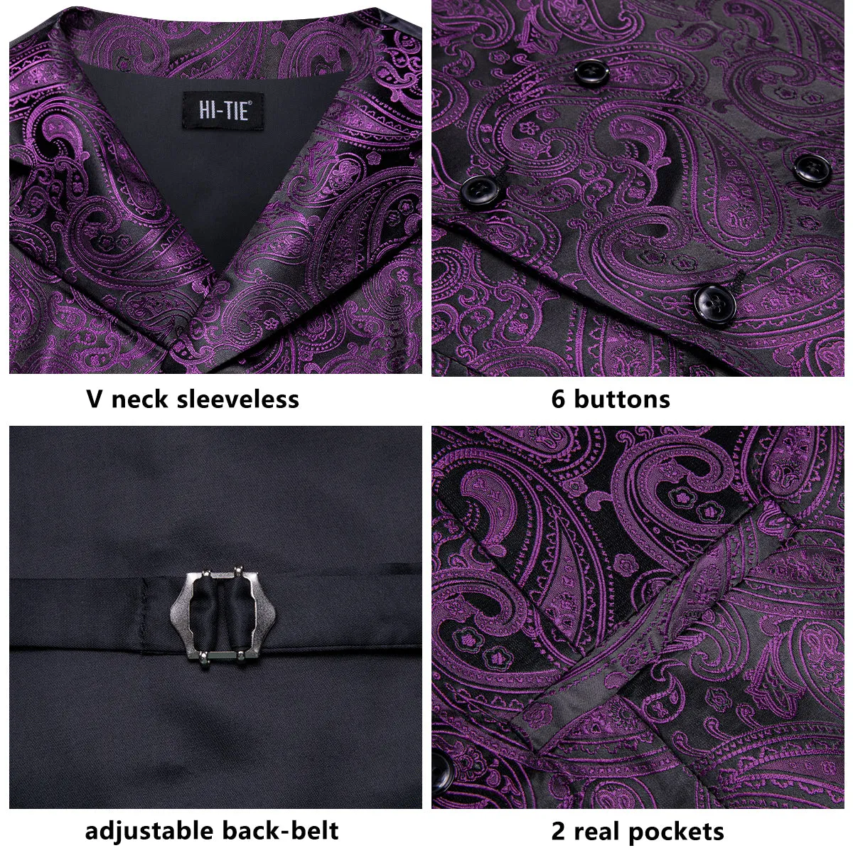 Deep Purple Paisley Men's Collar Vest Hanky Cufflinks Tie Set