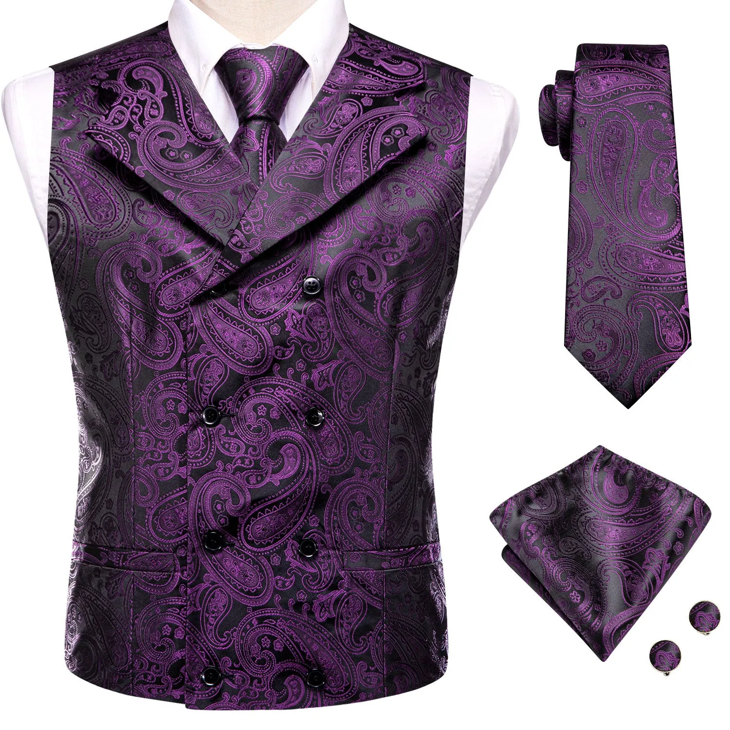 Deep Purple Paisley Men's Collar Vest Hanky Cufflinks Tie Set