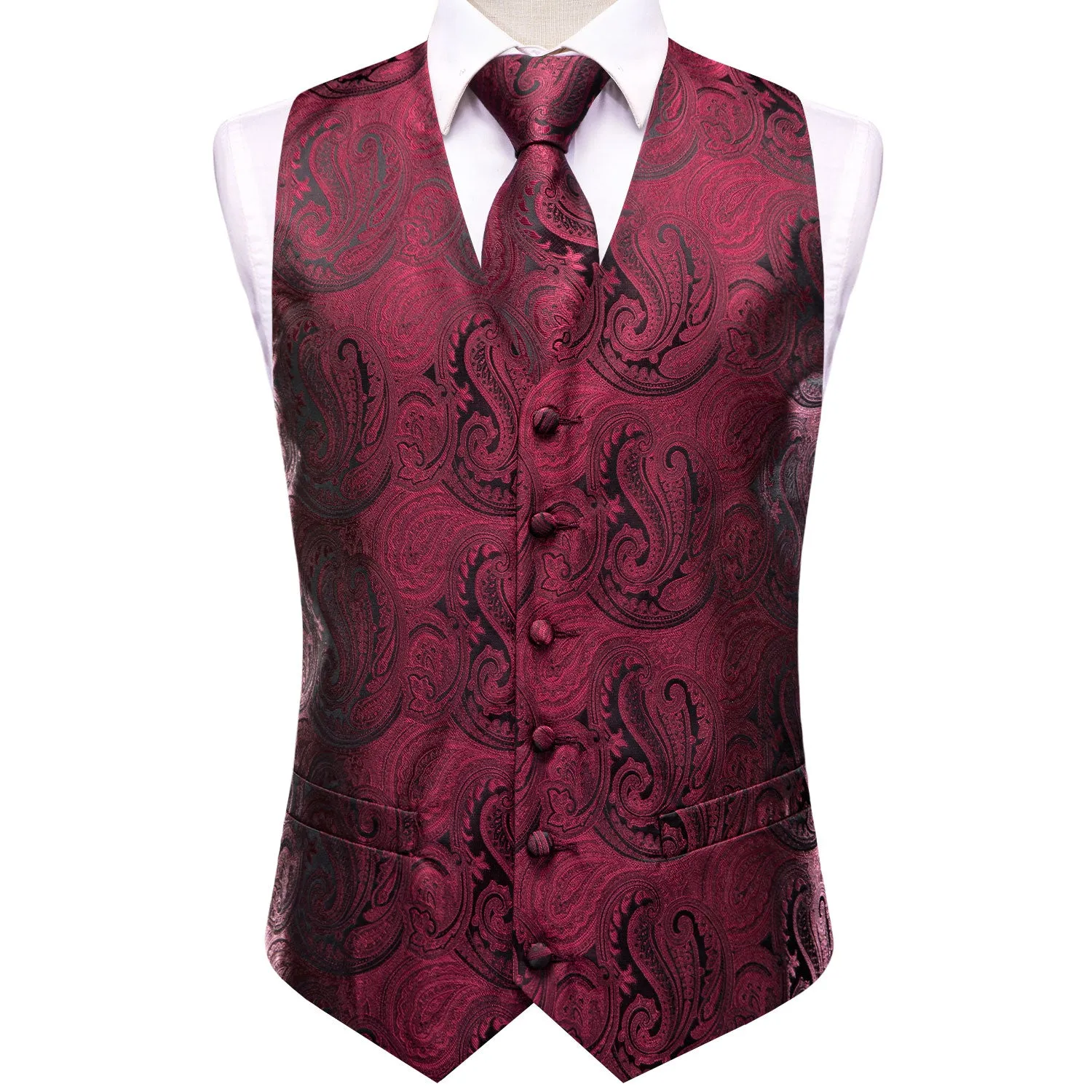 Deep Red Paisley Men's Vest Hanky Cufflinks Tie Set