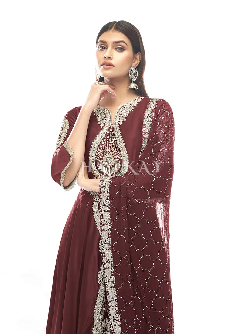 Deep Red Zari Embroidered Slit Style Anarkali Pant Suit