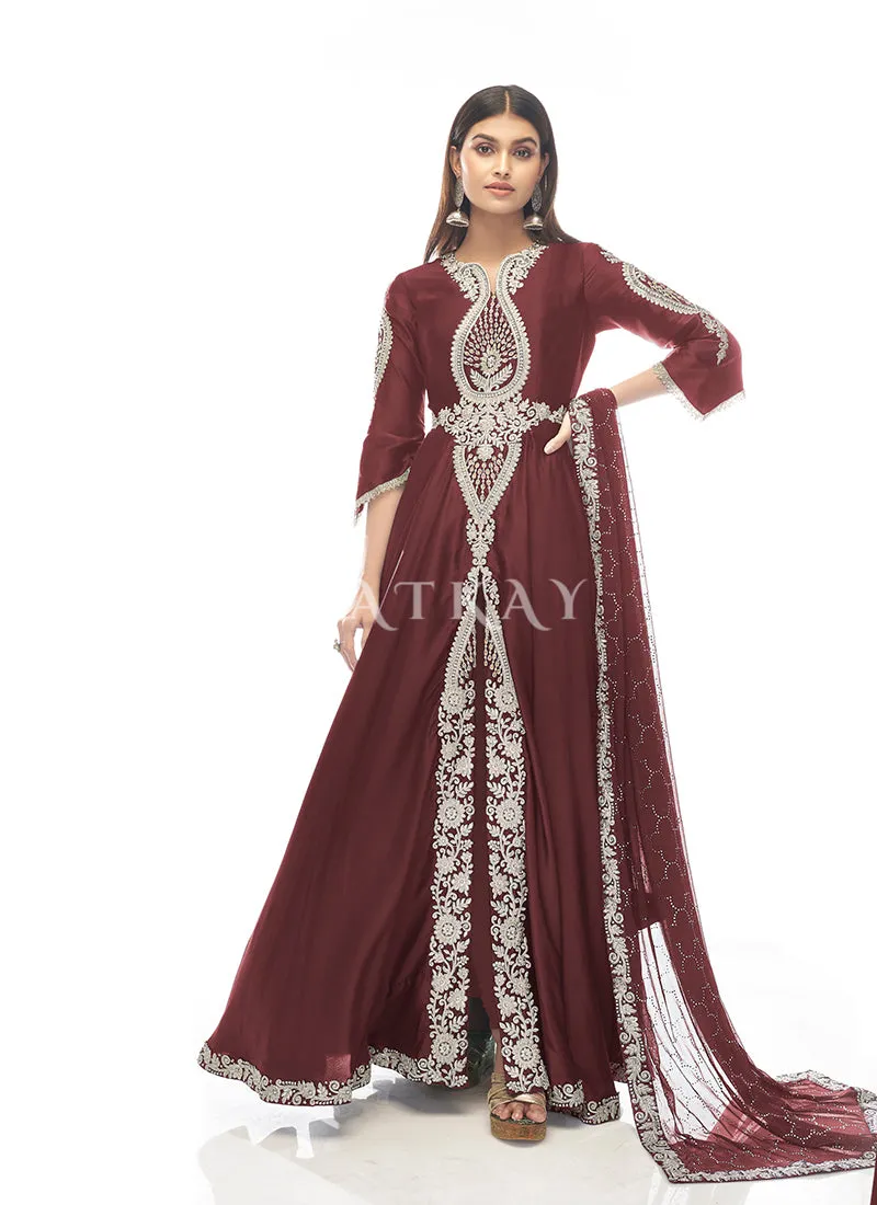 Deep Red Zari Embroidered Slit Style Anarkali Pant Suit