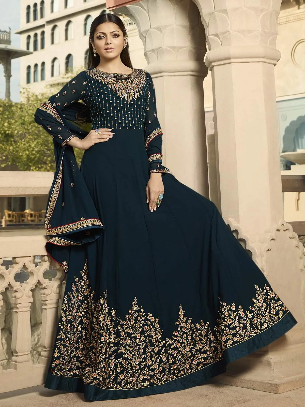 Deep Turquoise Embroidered Wedding Anarkali Suit