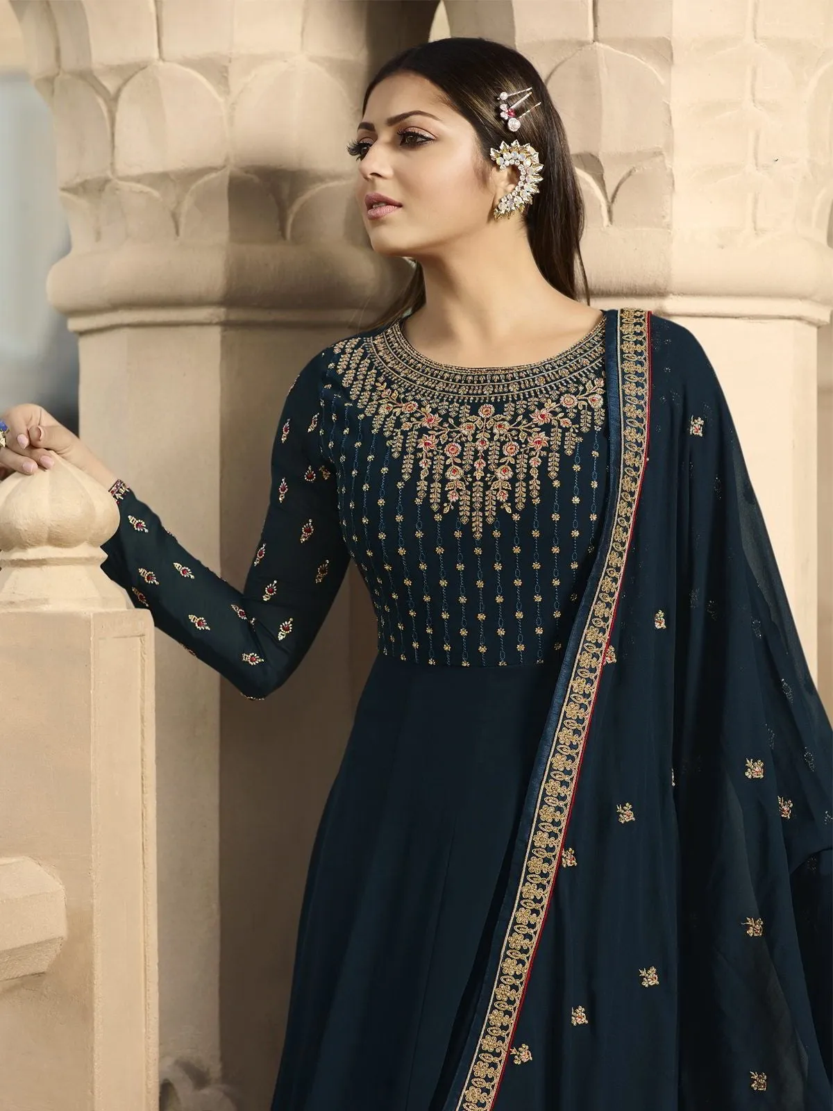 Deep Turquoise Embroidered Wedding Anarkali Suit