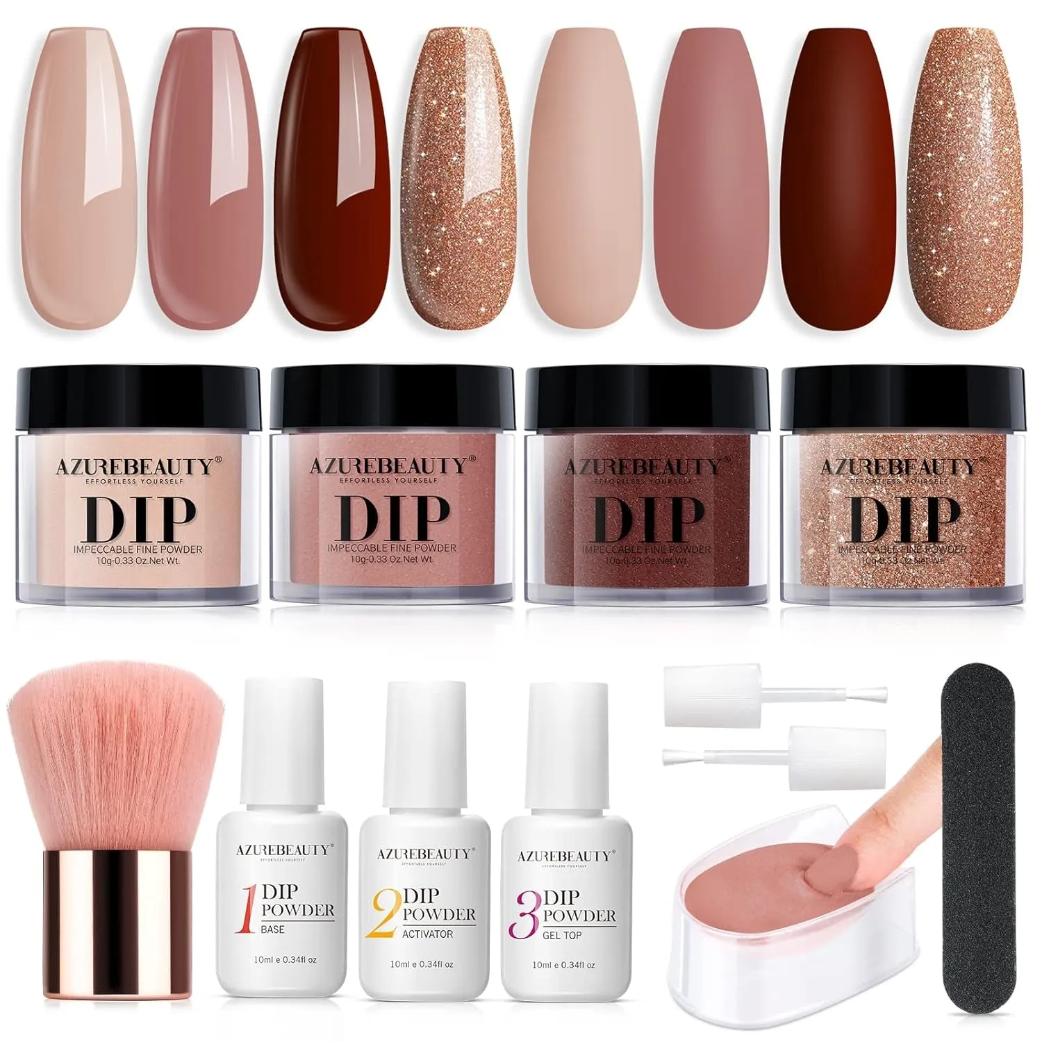 DIY Dip Powder Nail Starter Kit: 4 Glittering Nude Shades, Base & Top Coat, Activator & Tray