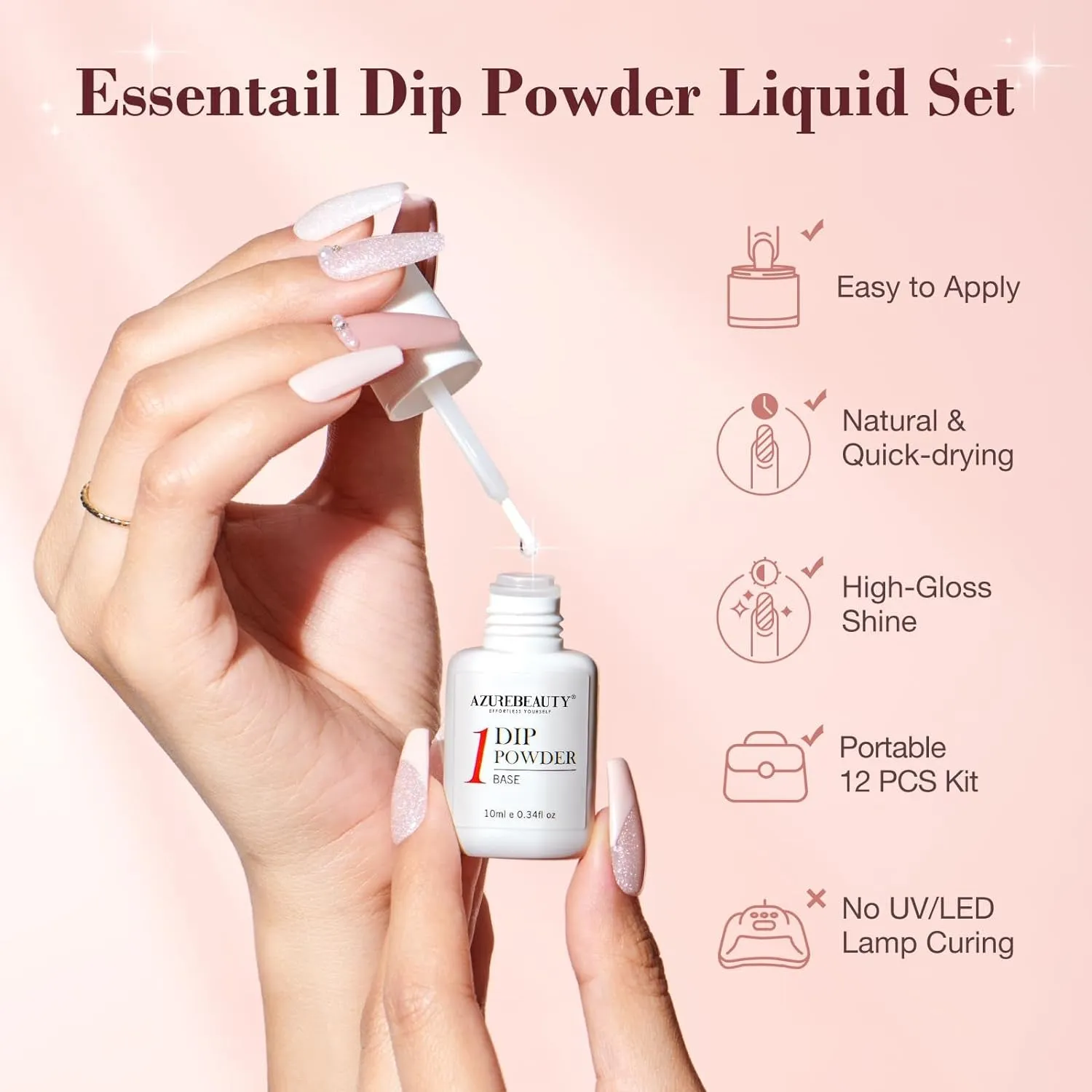 DIY Dip Powder Nail Starter Kit: 4 Glittering Nude Shades, Base & Top Coat, Activator & Tray