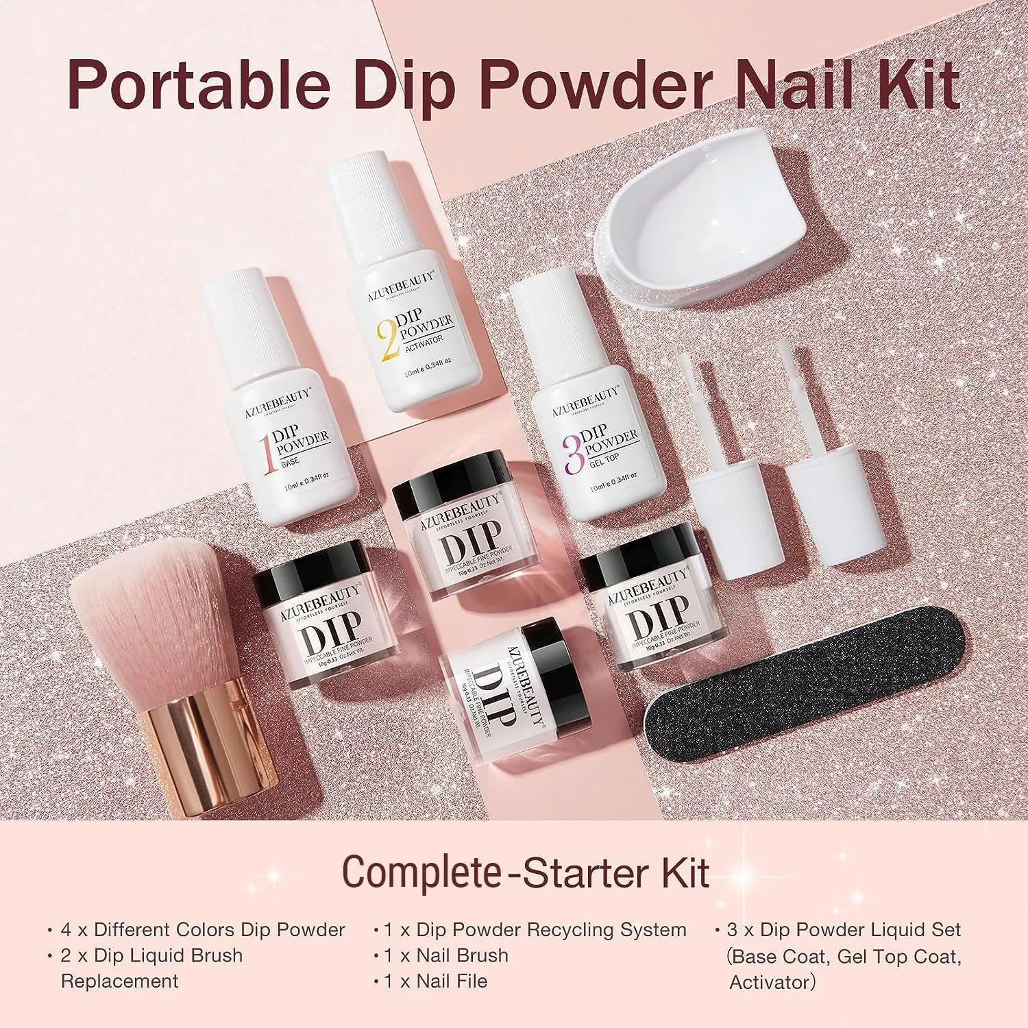 DIY Dip Powder Nail Starter Kit: 4 Glittering Nude Shades, Base & Top Coat, Activator & Tray