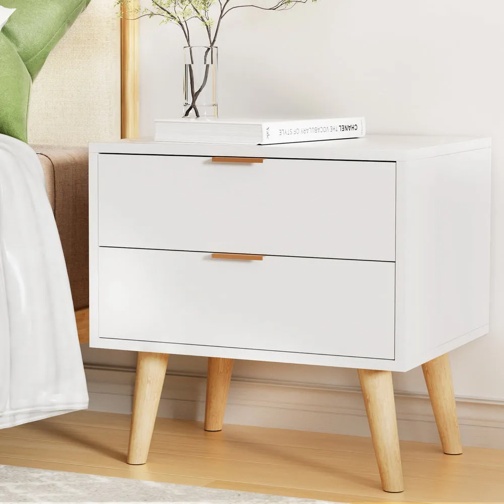 Durable 2-Drawer White Bedside Table with Pine Legs