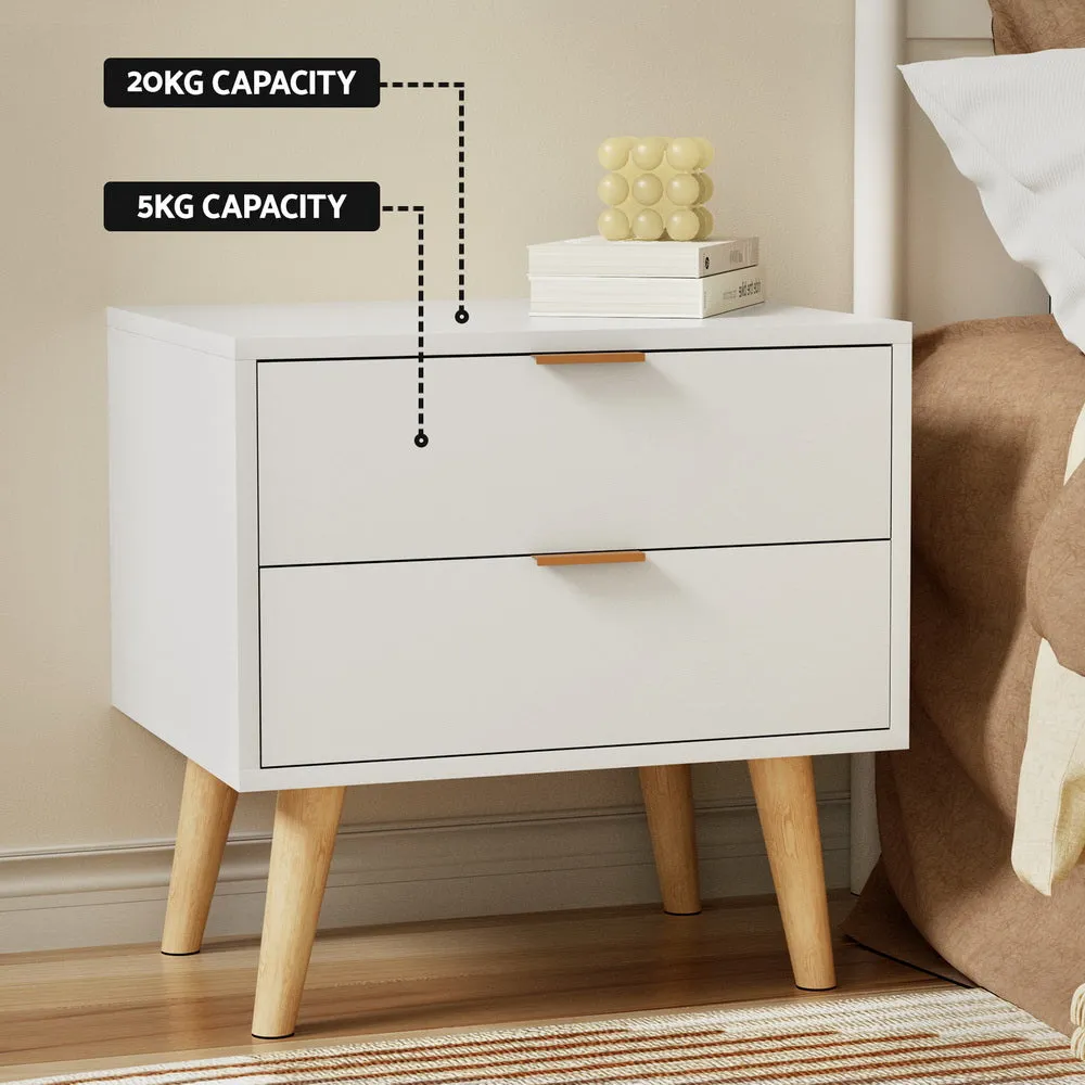 Durable 2-Drawer White Bedside Table with Pine Legs