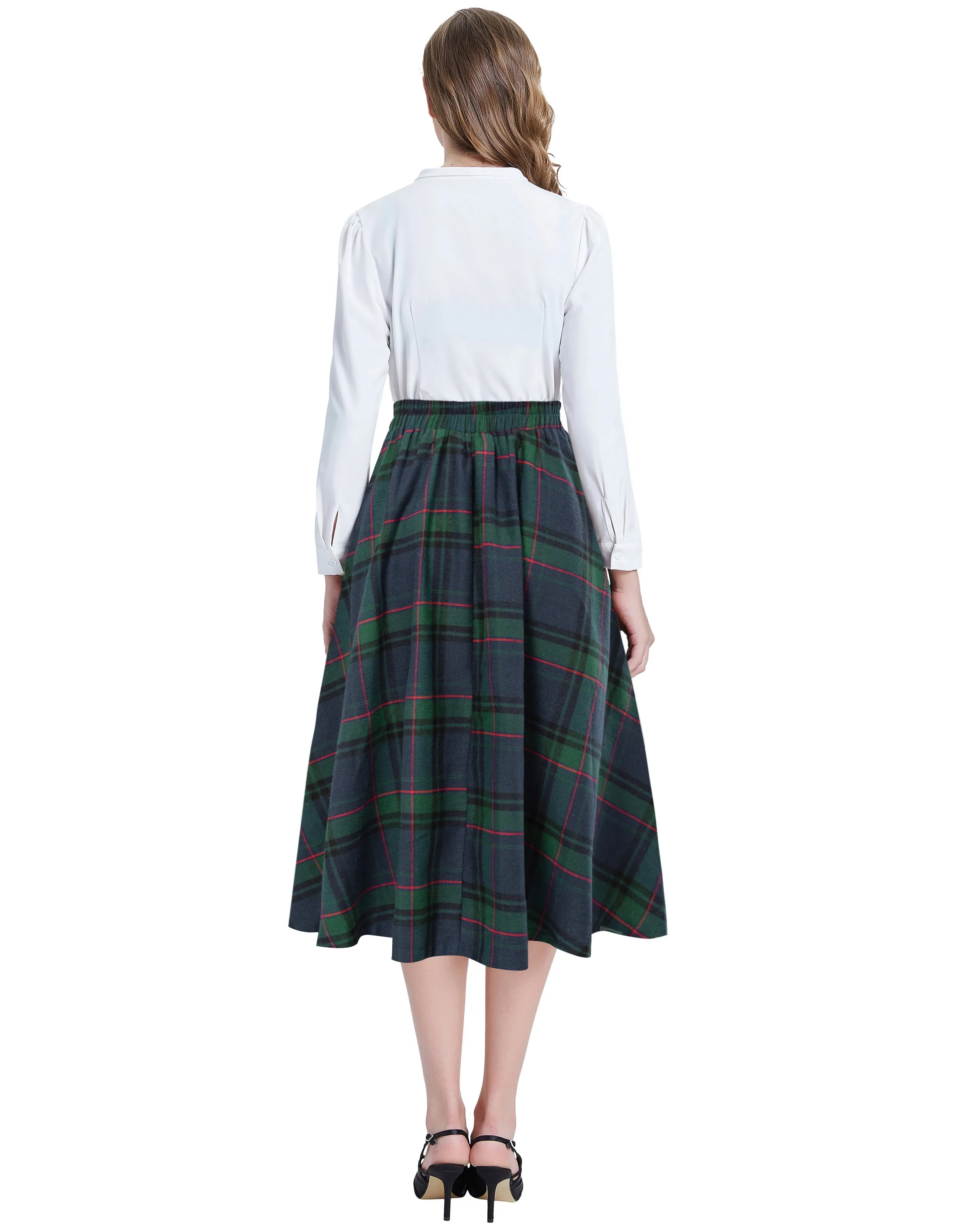 Elastic Waist Plaided Skirt High Waist Buttons Decorated Flared A-Line Skirt with Pockets