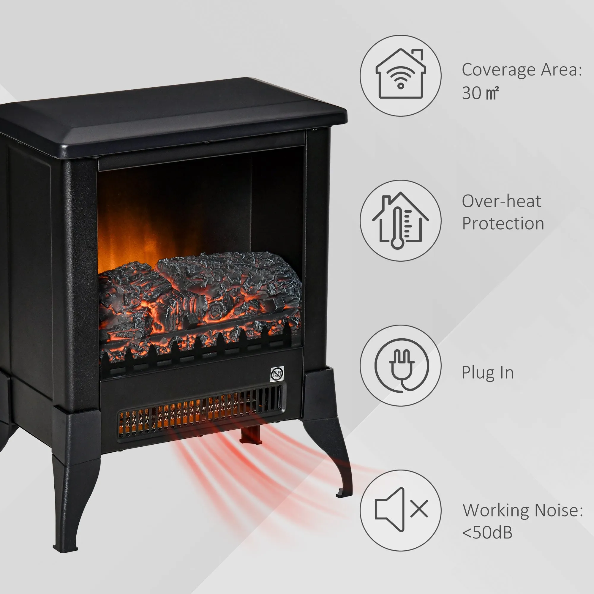 Electric Fireplace Stove, Free standing Fireplace Heater with Realistic Flame Effect, Adjustable Temperature and Overheat Protection, Black