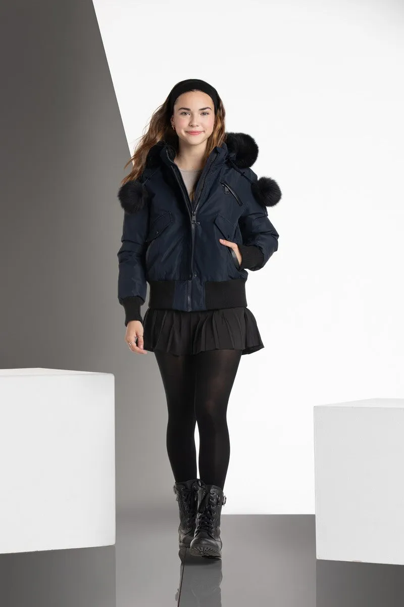 Ellabee Navy With Black Fox Fur Pom Pom Adelle Coat