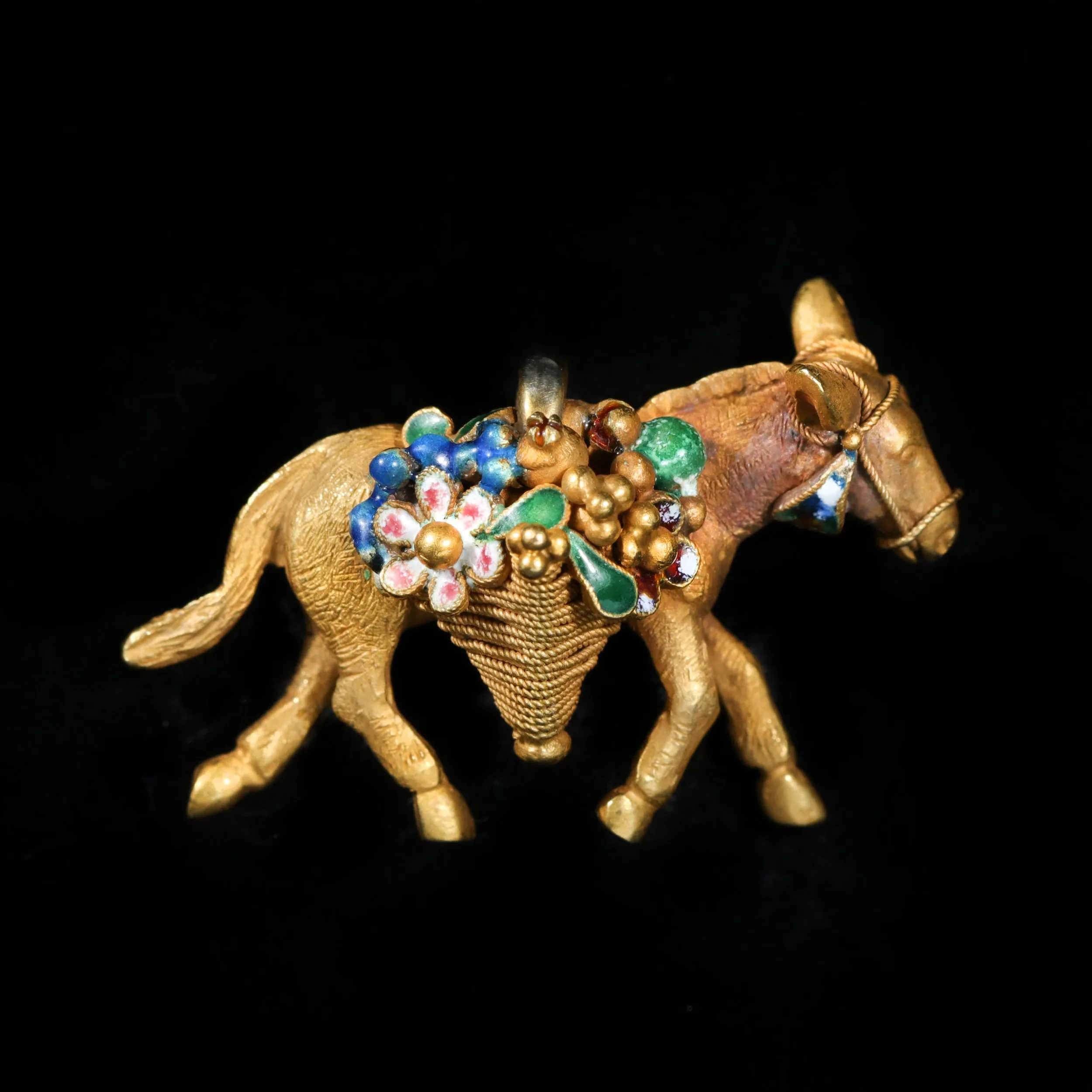 Estate 18K Yellow Gold Donkey and Enamel Flower Brooch