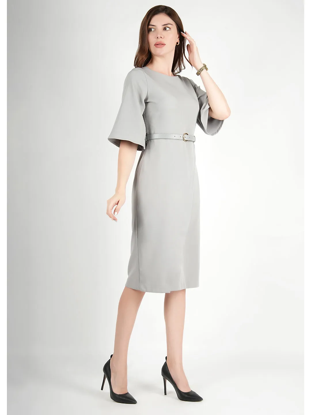 Exude Bliss Bell Sleeve Dress with Belt (Grey)