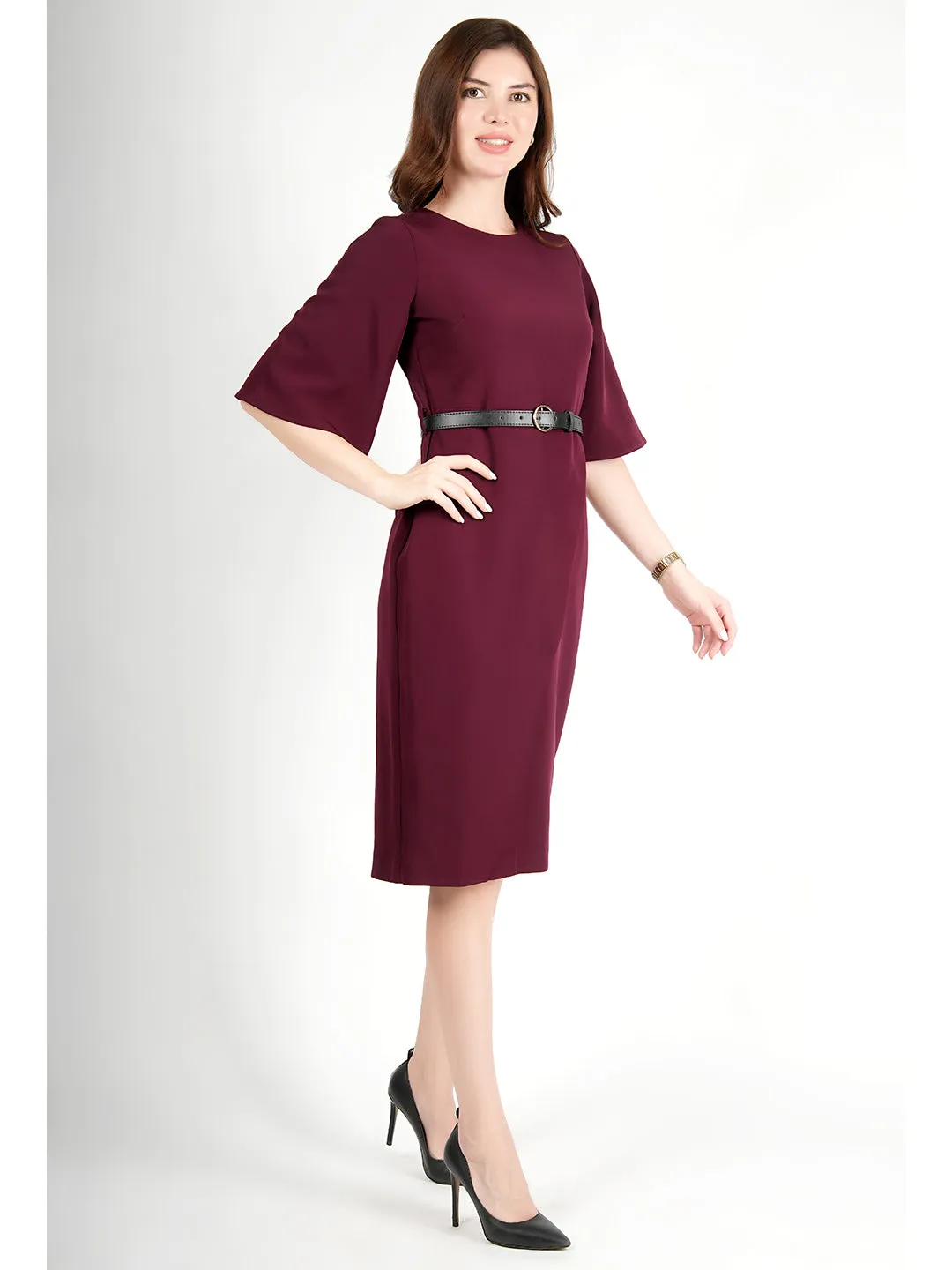 Exude Bliss Bell Sleeve Dress with Belt (Wine)