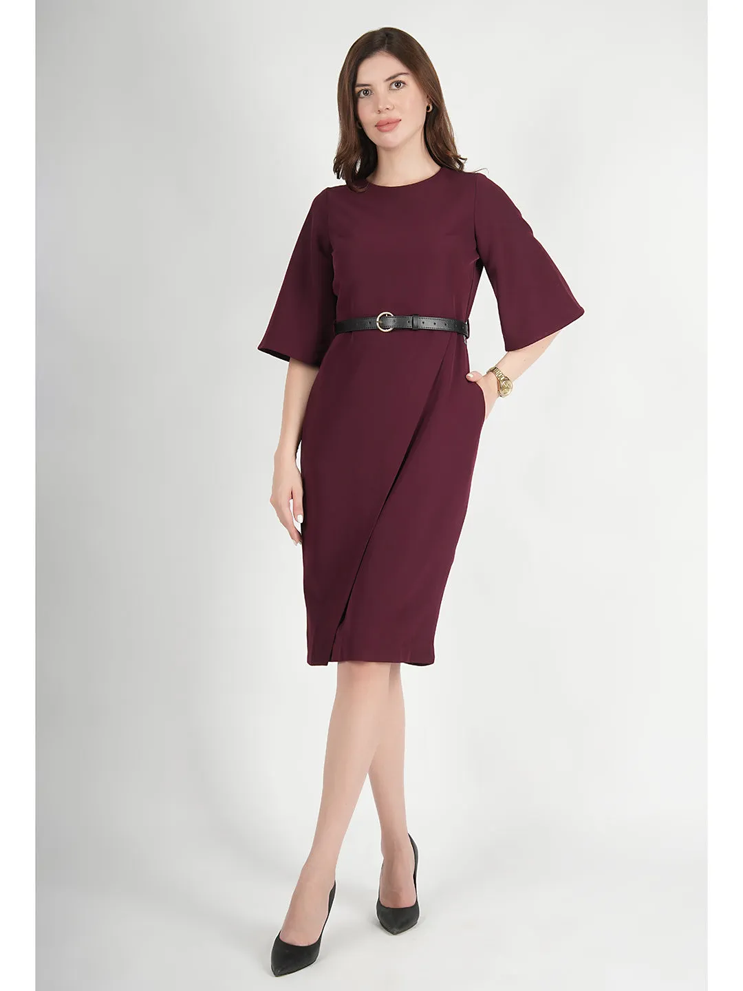 Exude Bliss Bell Sleeve Dress with Belt (Wine)