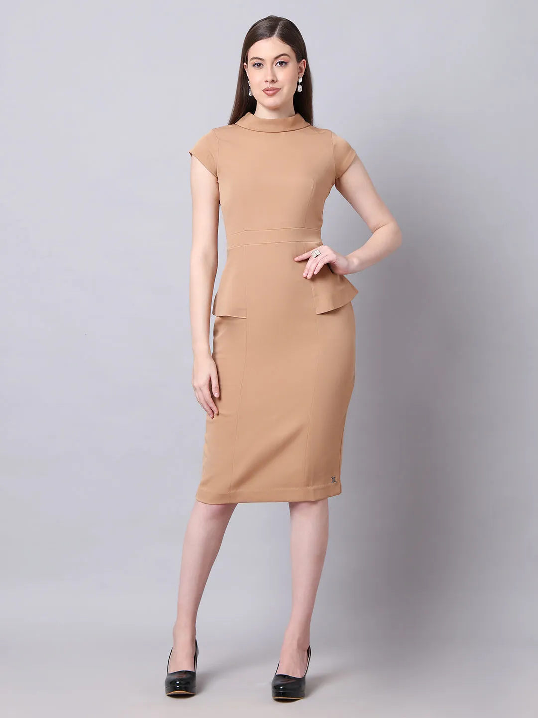 Exude Bold & Beautiful High neck Dress with Cap Sleeves (Beige)