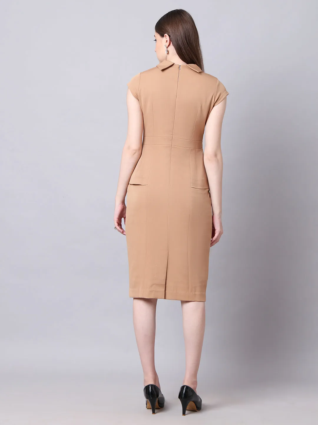 Exude Bold & Beautiful High neck Dress with Cap Sleeves (Beige)