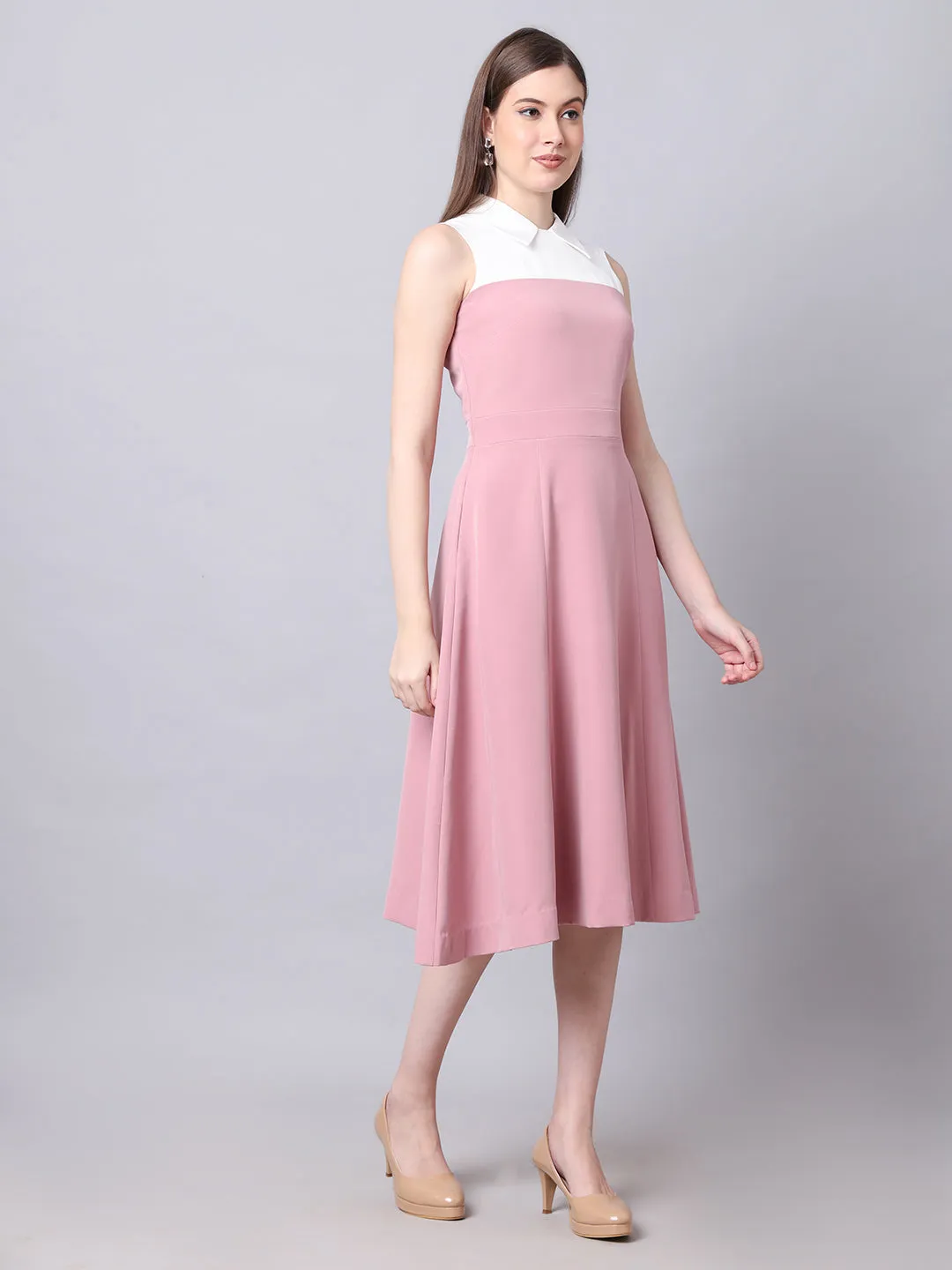 Exude Bronzed Color Block Dress With Collar (Blush Pink)