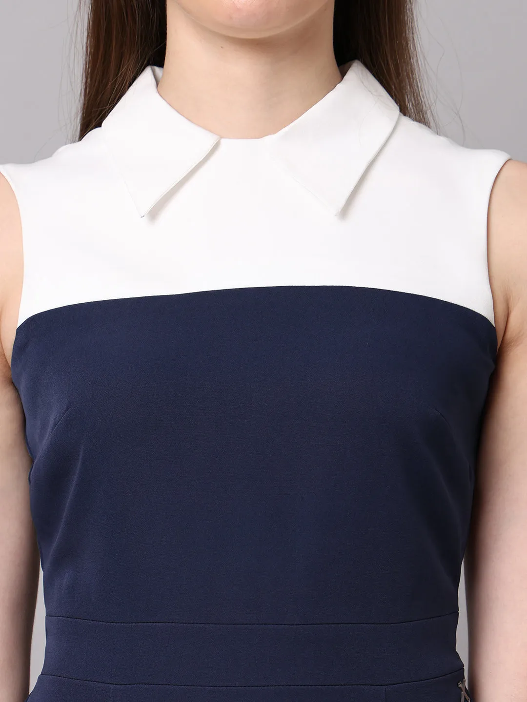 Exude Bronzed Color Block Dress With Collar (Navy)