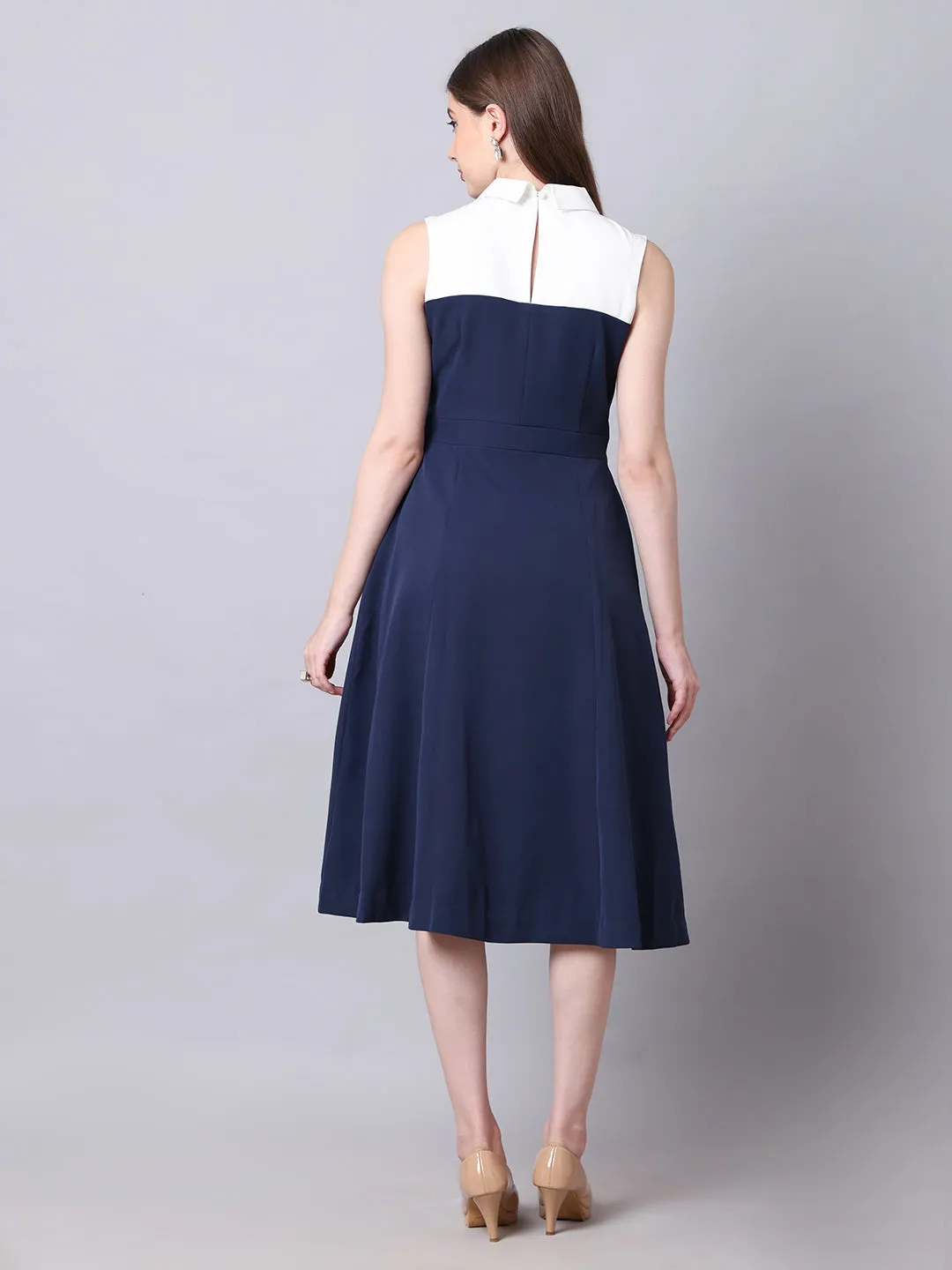 Exude Bronzed Color Block Dress With Collar (Navy)