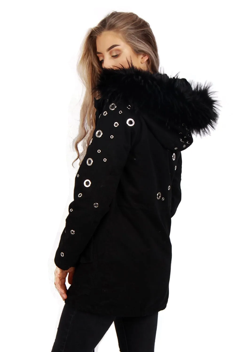 Eyelet Detail Faux Fur Hooded Parka Jacket