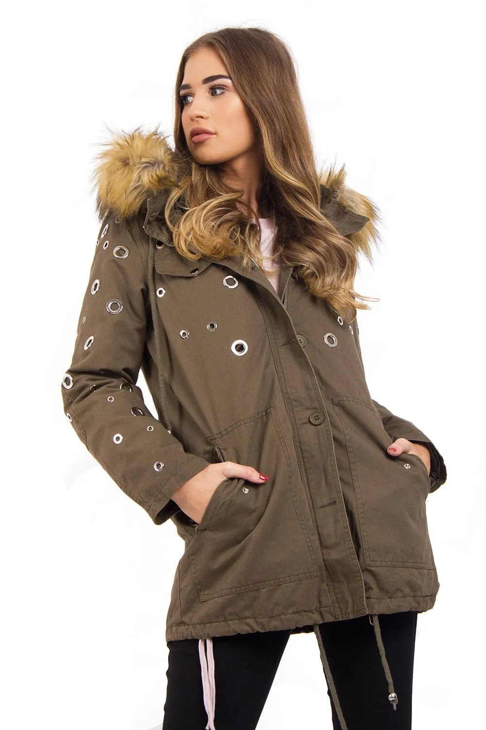 Eyelet Detail Faux Fur Hooded Parka Jacket