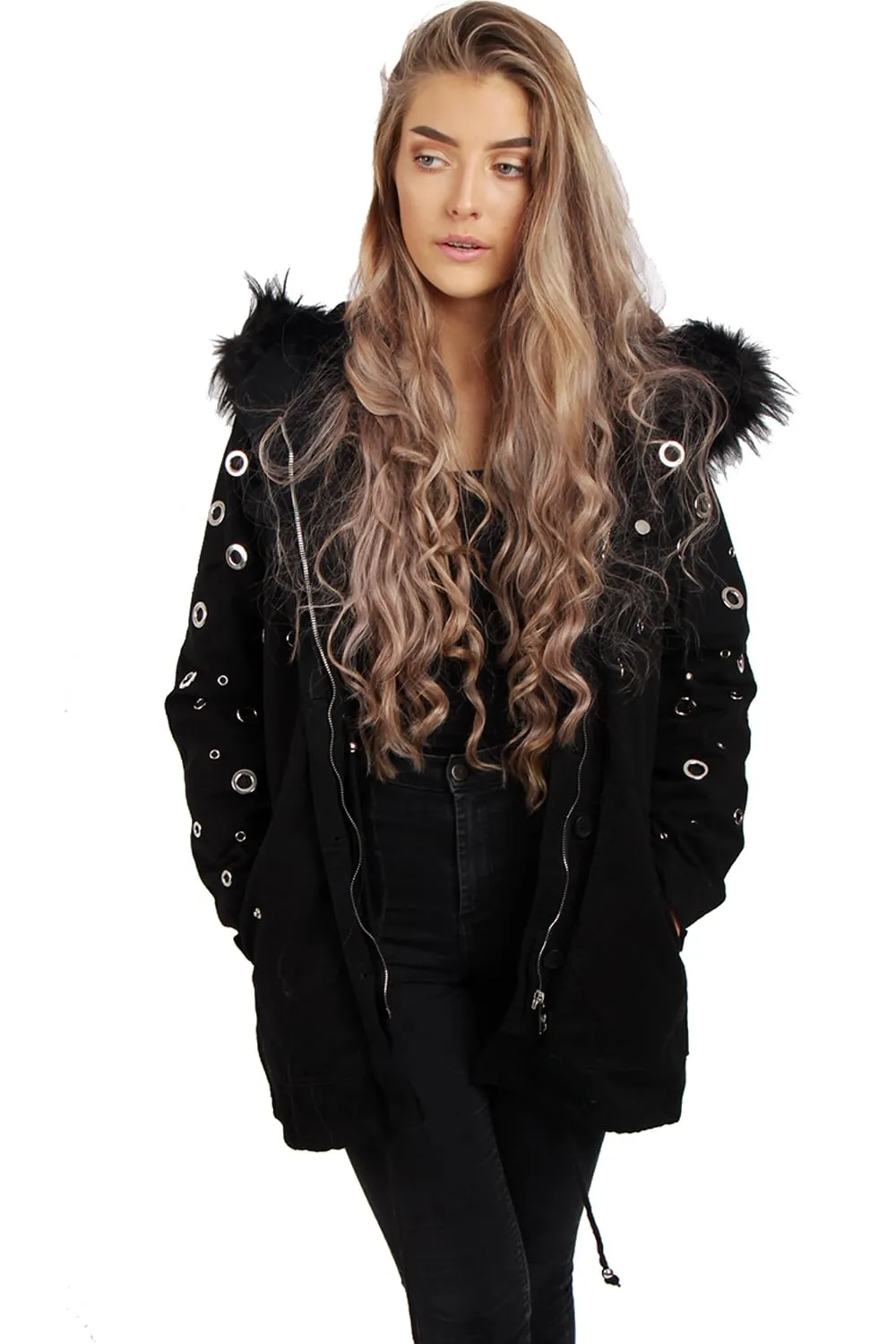 Eyelet Detail Faux Fur Hooded Parka Jacket