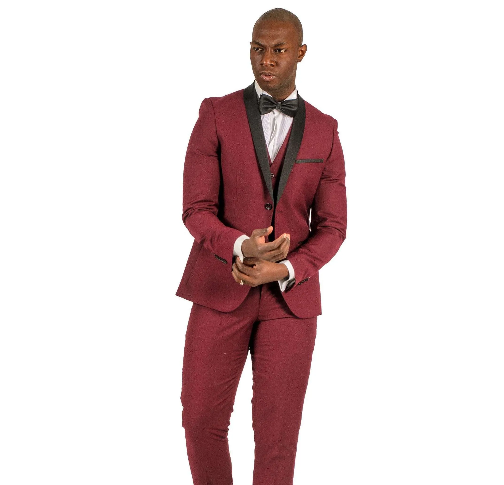 Fabio Fabrinni 2 Button Burgundy Shawl Lapel 3 Piece Slim Suit FF2SSX V-1230 BURG