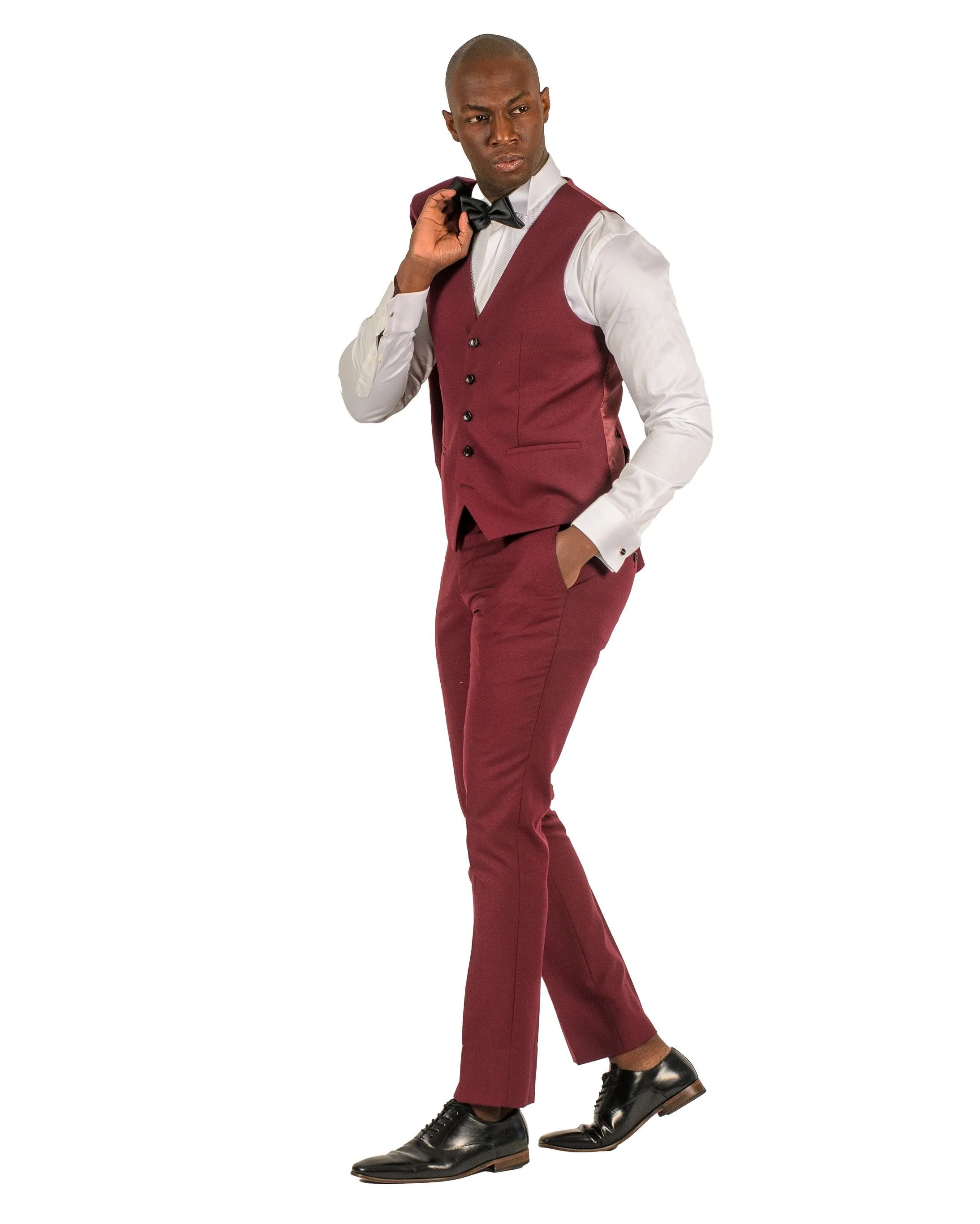 Fabio Fabrinni 2 Button Burgundy Shawl Lapel 3 Piece Slim Suit FF2SSX V-1230 BURG