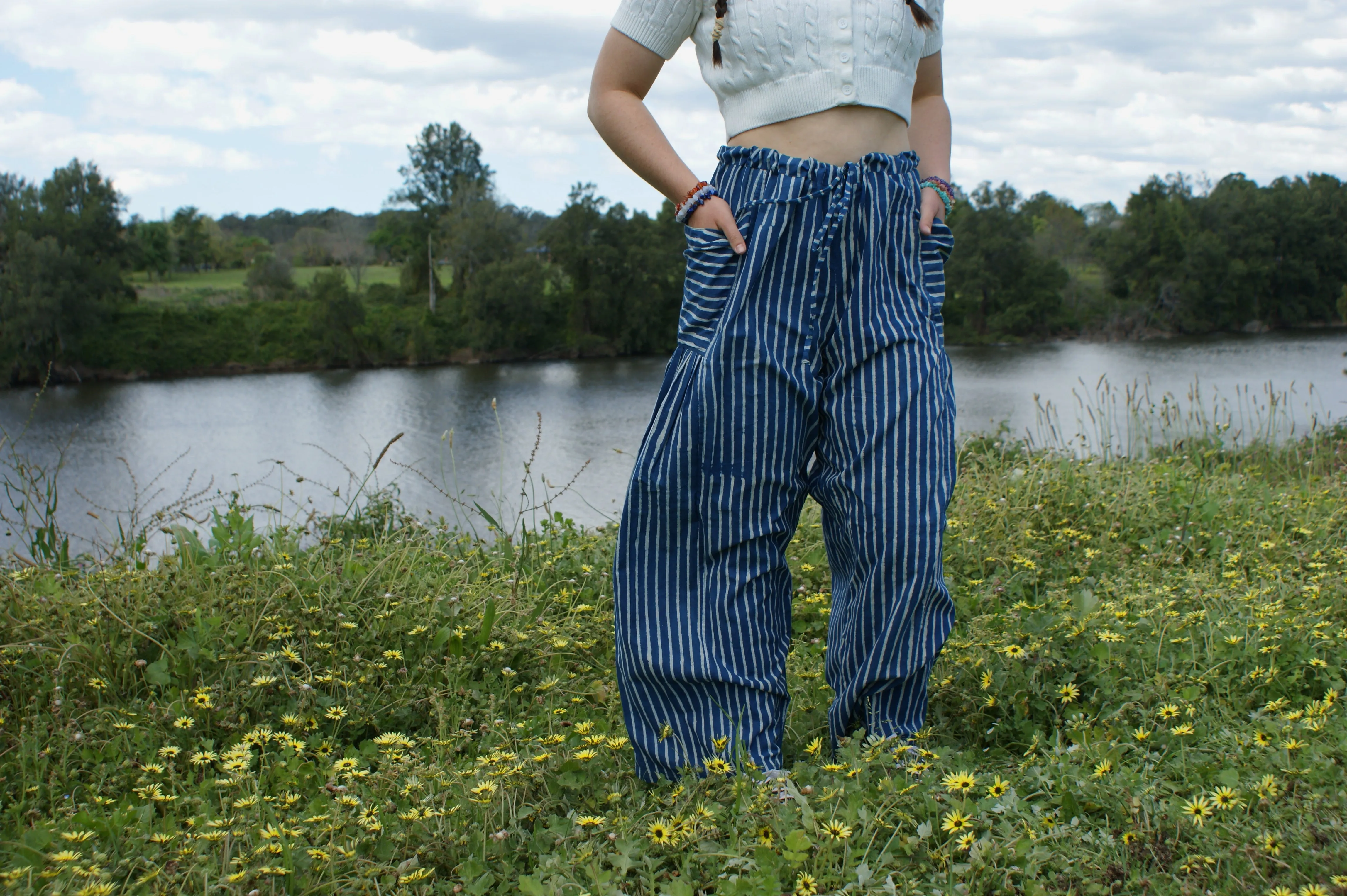 Fair Trade Ethical  Striped Cotton Pants with Pleats - Blue