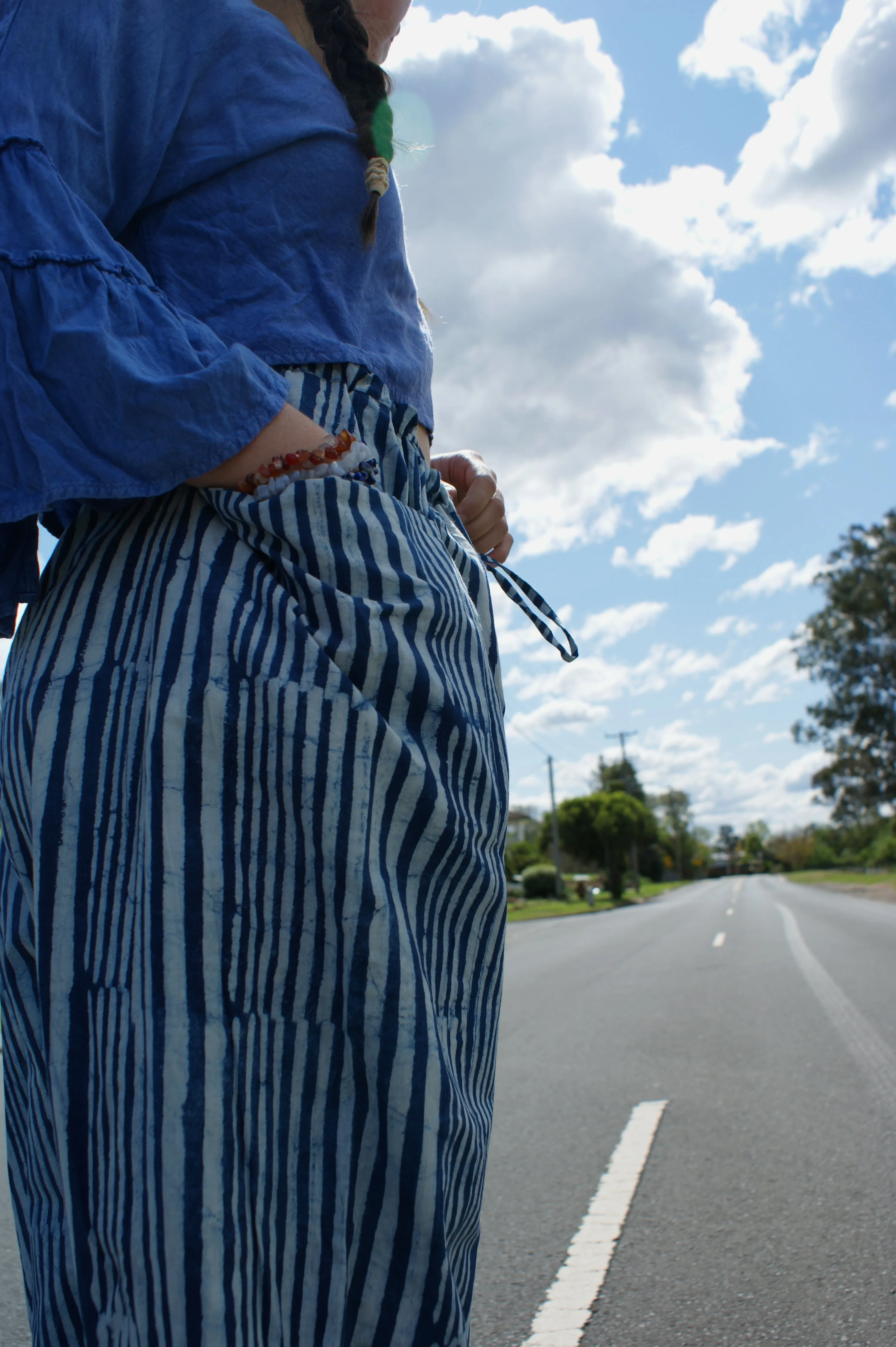 Fair Trade Ethical  Striped Cotton Pants with Pleats - Blue